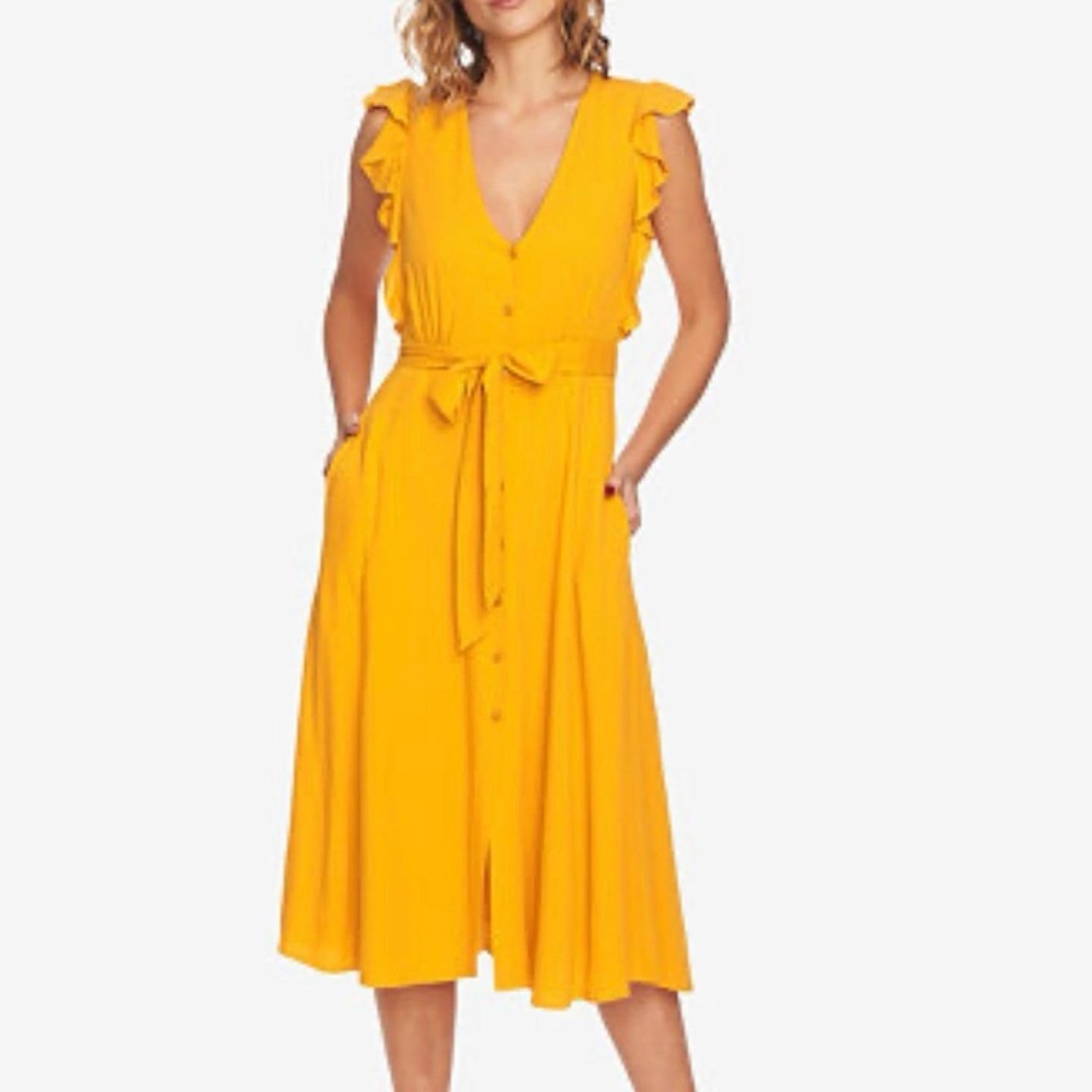 1.STATE Mustard Yellow Ruffle Sleeve Button Front Midi Dress with Belt Womens M